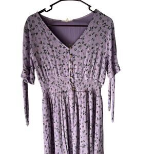 Reborn J Size Large Purple Floral Cottage Smocked Babydoll Milkmaid Midi Dress